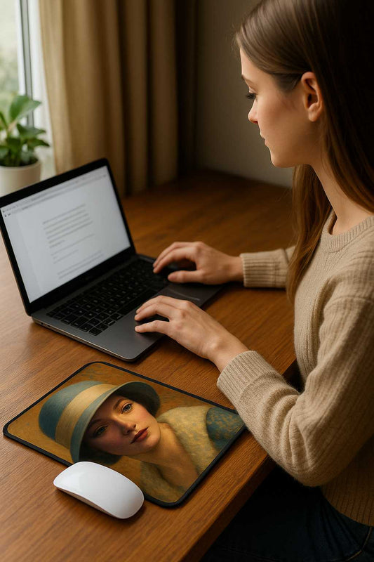 A vertical mouse pad showing a vintage-style portrait of a woman in a soft blue and beige hat, placed on a wooden desk beside a white mouse, a laptop and a plant. Warm golden tones create a classic, elegant atmosphere inspired by early 20th-century art.