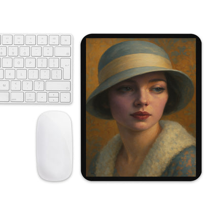 Mouse pad featuring Beauty of the Past, an elegant 1930s woman wearing a soft blue hat in warm golden tones, inspired by the sophistication and charm of the art deco era.