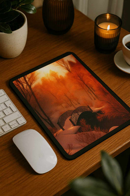 A vertical mouse pad featuring an orange winter forest with a small arched bridge under a soft sunrise glow, placed on a wooden desk beside a keyboard, a white mouse, a candle, a plant and a cup. Warm, peaceful atmosphere with gentle light.