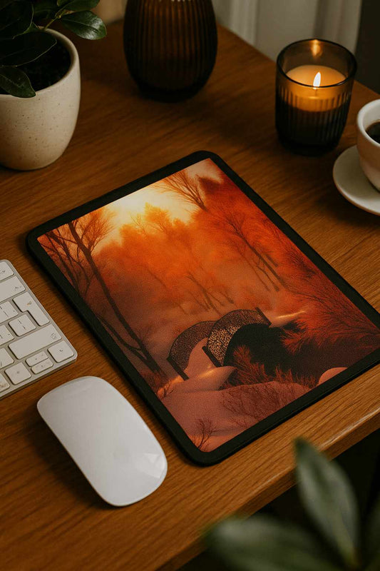 A vertical mouse pad featuring an orange winter forest with a small arched bridge under a soft sunrise glow, placed on a wooden desk beside a keyboard, a white mouse, a candle, a plant and a cup. Warm, peaceful atmosphere with gentle light.