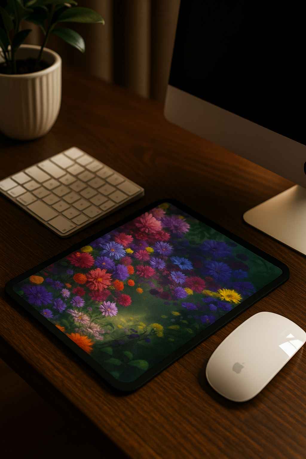 A vertical mouse pad showing a vivid impressionist floral design with clusters of pink, purple, yellow and red flowers, placed on a dark wooden desk beside a keyboard, a white mouse, a plant and a computer screen. Warm, colorful, nature-inspired mood.
