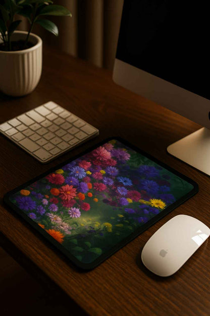 A vertical mouse pad showing a vivid impressionist floral design with clusters of pink, purple, yellow and red flowers, placed on a dark wooden desk beside a keyboard, a white mouse, a plant and a computer screen. Warm, colorful, nature-inspired mood.