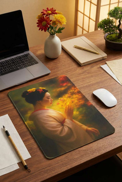 A vertical mouse pad on a wooden desk showing a geisha in a soft cream kimono holding golden flowers in a glowing garden scene, surrounded by a laptop, a vase with chrysanthemums, a notebook and Japanese-inspired décor.