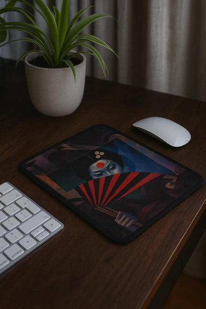 A vertical mouse pad featuring a woman with a red-and-black fan in an Art Deco style, with abstract geometric shapes in the background. Placed on a wooden desk beside a white keyboard, a white mouse, and a plant. The design evokes both Japanese tradition and modern aesthetics.