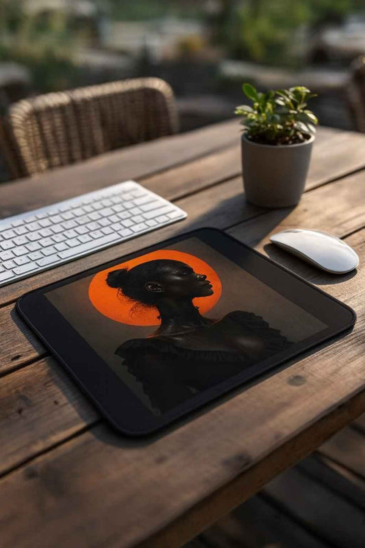 A vertical mouse pad showing the silhouette of a woman with a glowing orange halo, placed on a wooden desk beside a white keyboard, a white mouse, and a plant. The design evokes strength and serenity, with dark tones and radiant light creating a striking contrast.
