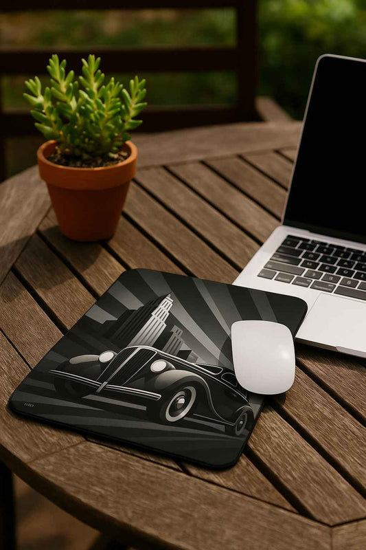 A vertical mouse pad featuring a monochrome Art Deco vintage car racing toward a city skyline with radiating rays, placed on an outdoor round wooden table beside a laptop, a white mouse and a potted plant. Sleek noir atmosphere with geometric lines.