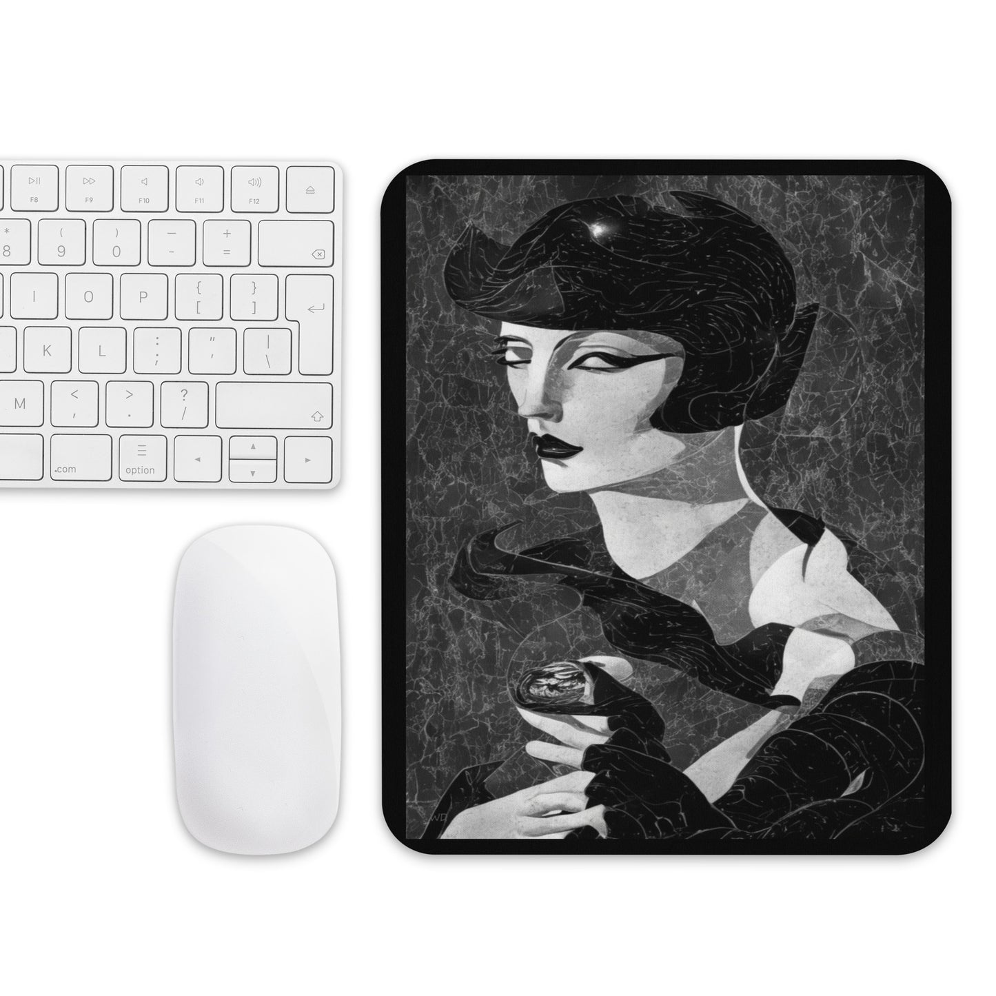 Mouse pad featuring an Art Deco abstract portrait of a stylish woman giving a sly sideways glance, rendered in black, white, and gray gradients with geometric, marble-like textures; a vintage-meets-modern desk accent.