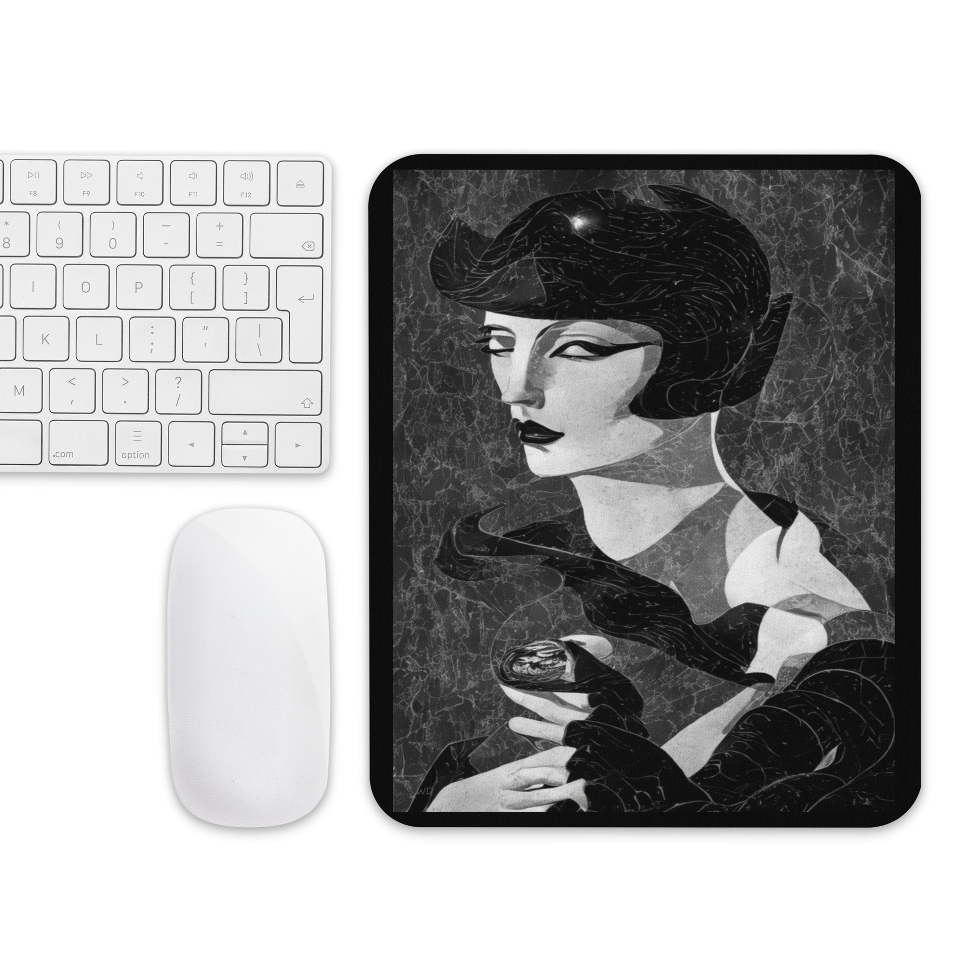 Mouse pad featuring an Art Deco abstract portrait of a stylish woman giving a sly sideways glance, rendered in black, white, and gray gradients with geometric, marble-like textures; a vintage-meets-modern desk accent.