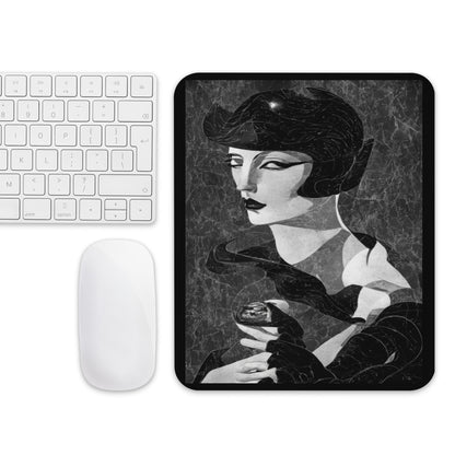 Mouse pad featuring an Art Deco abstract portrait of a stylish woman giving a sly sideways glance, rendered in black, white, and gray gradients with geometric, marble-like textures; a vintage-meets-modern desk accent.