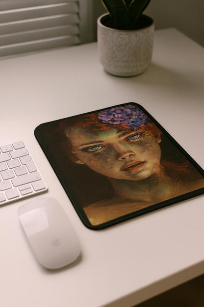 A vertical mouse pad showing a detailed portrait of a young red-haired woman with blue eyes and floral elements around her head, placed on a light desk beside a white mouse, a keyboard and a plant. Warm painterly tones create an expressive, artistic mood.