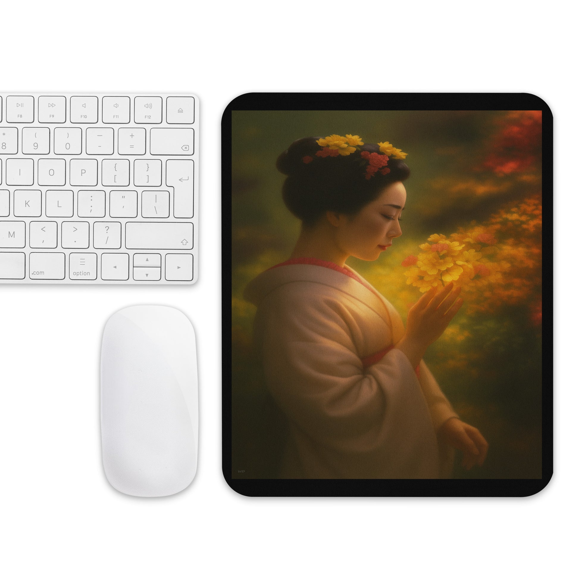 Elegant Mouse Pad featuring a Japanese geisha surrounded by golden flowers in a serene garden, soft lighting and warm tones bringing peace and refinement to any workspace