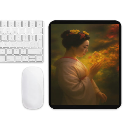 Elegant Mouse Pad featuring a Japanese geisha surrounded by golden flowers in a serene garden, soft lighting and warm tones bringing peace and refinement to any workspace