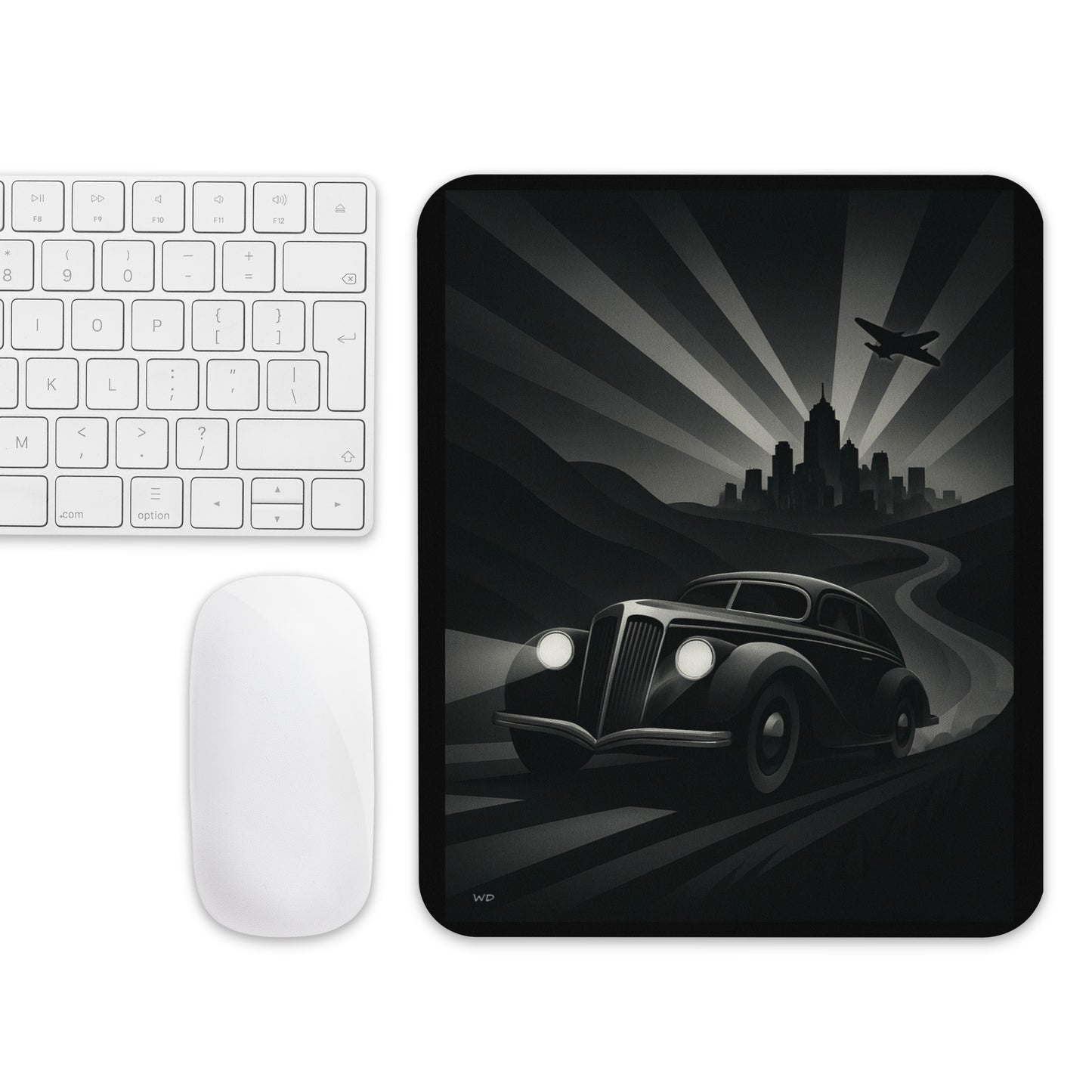 Mouse pad featuring an Art Deco noir design with a vintage car driving toward a futuristic city skyline under an airplane, rendered in black and white tones for a mysterious cinematic atmosphere.