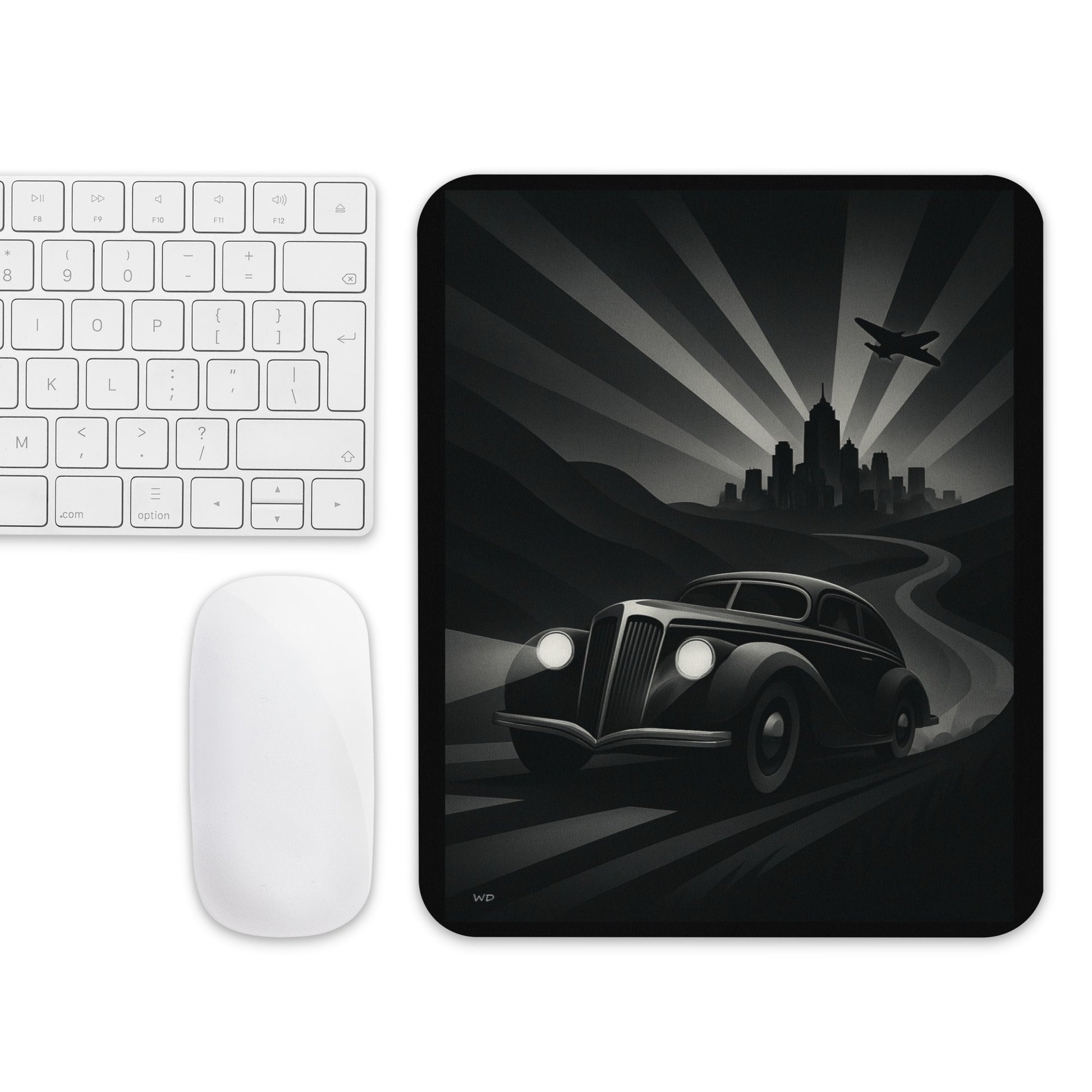 Mouse pad featuring an Art Deco noir design with a vintage car driving toward a futuristic city skyline under an airplane, rendered in black and white tones for a mysterious cinematic atmosphere.