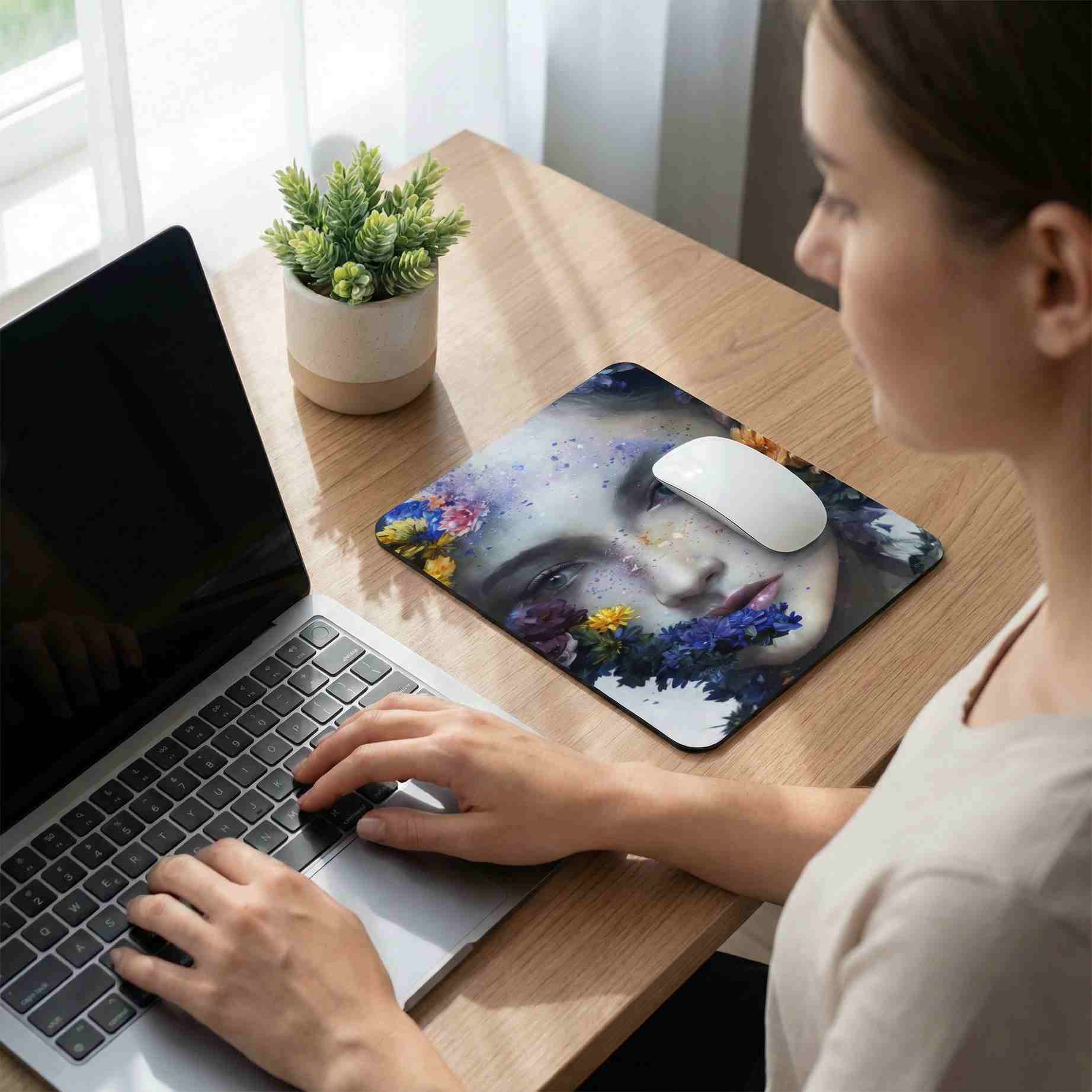 top view product photo of floral female fantasy portrait mouse pad placed on white desk beside wireless mouse and minimalist keyboard showing full surface design with blue and yellow flowers calm artistic atmosphere for home office creative workspace and elegant desk decor
