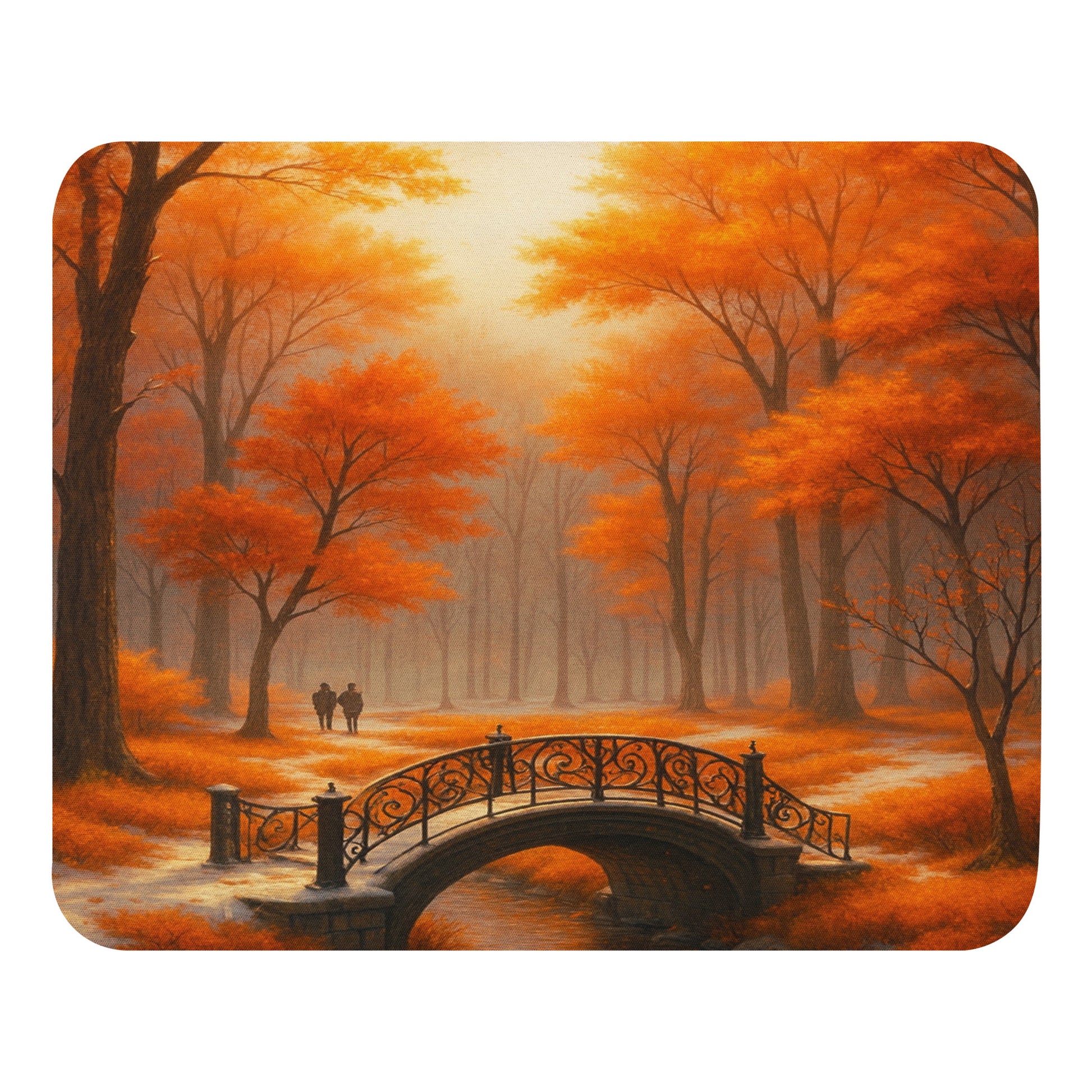Artistic Mouse Pad Golden Autumn Bridge design showing a peaceful autumn forest scene with orange trees and ornate bridge printed on soft polyester with rubber base for elegant home or office décor