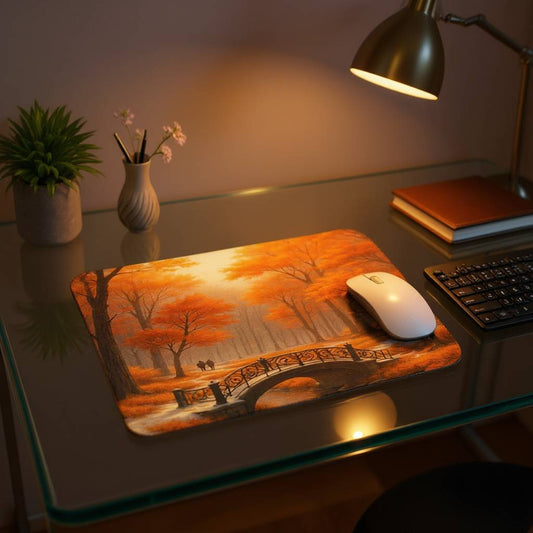 Mouse Pad featuring a golden autumn bridge artwork on a glass desk, with warm orange forest trees, misty background, elegant curved bridge, white mouse, keyboard, plant, vase and soft workspace lighting creating a calm, refined and inspiring atmosphere for daily work