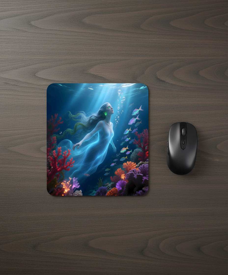 glowing translucent mermaid rising underwater among colorful coral reef and tropical fish with light rays from surface printed on square mouse pad placed on dark wooden desk beside computer mouse showing realistic scale fantasy ocean artwork for home office gaming desk and children study space
