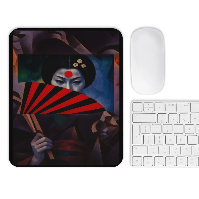Mouse pad featuring the “Oyshima San” design — an Art Deco Japanese-inspired portrait of a woman behind a red-and-black fan, symbolizing the tension between tradition and modernity.