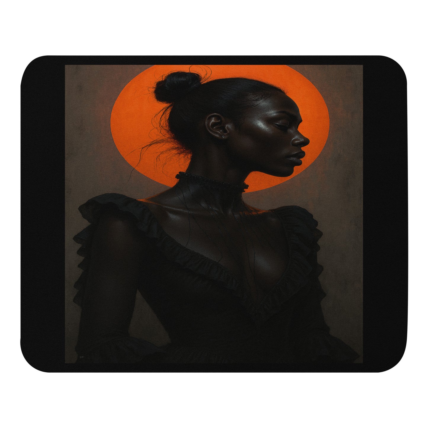 Artistic Mouse Pad Solar Grace design showing elegant female portrait illuminated by a glowing orange halo with fine detail printed on soft polyester with rubber base for stylish home or office décor
