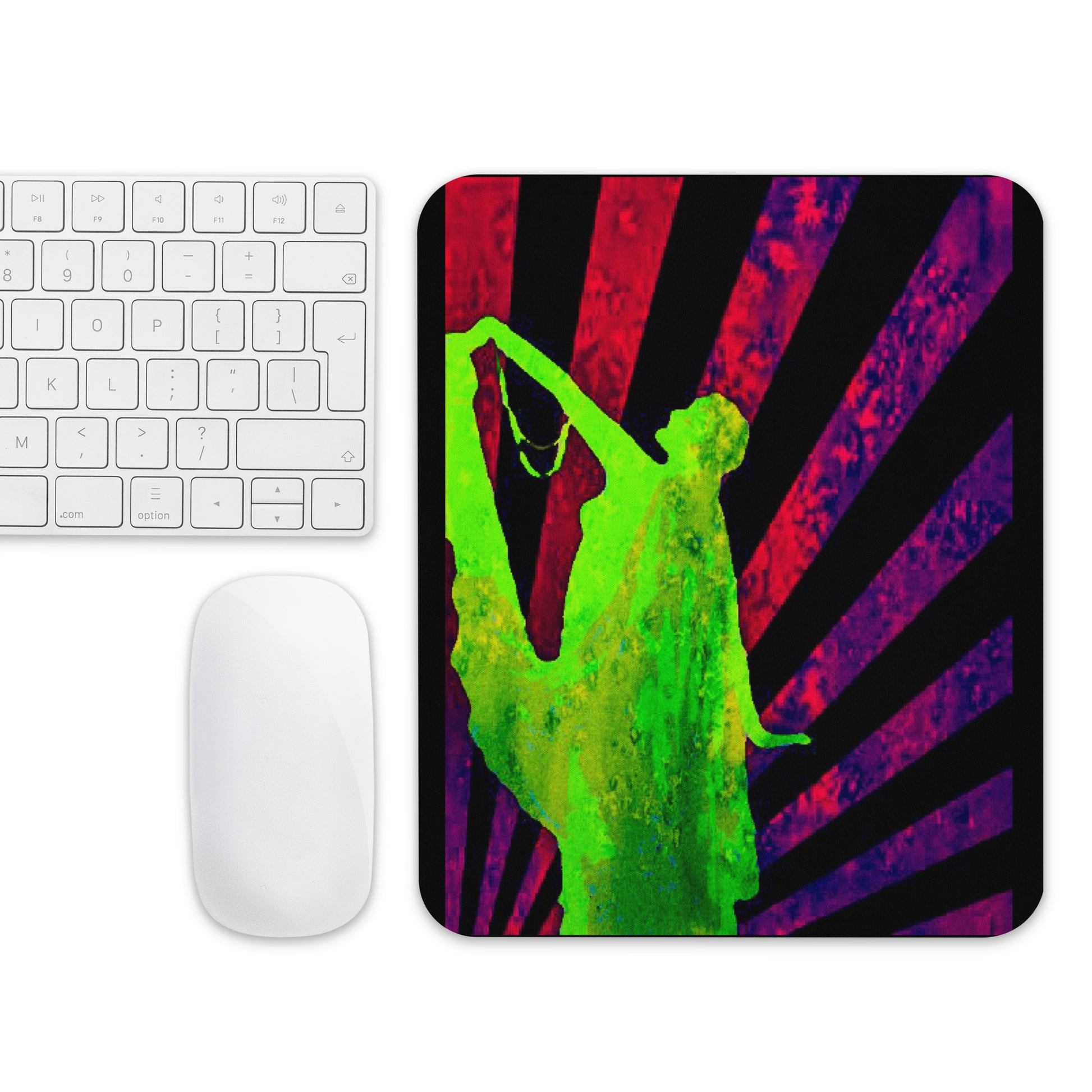 Mouse pad featuring an Art Deco design titled “Time Travel,” showing a dancing female silhouette in neon green over red-violet prism rays, blending vintage style with futuristic motion.