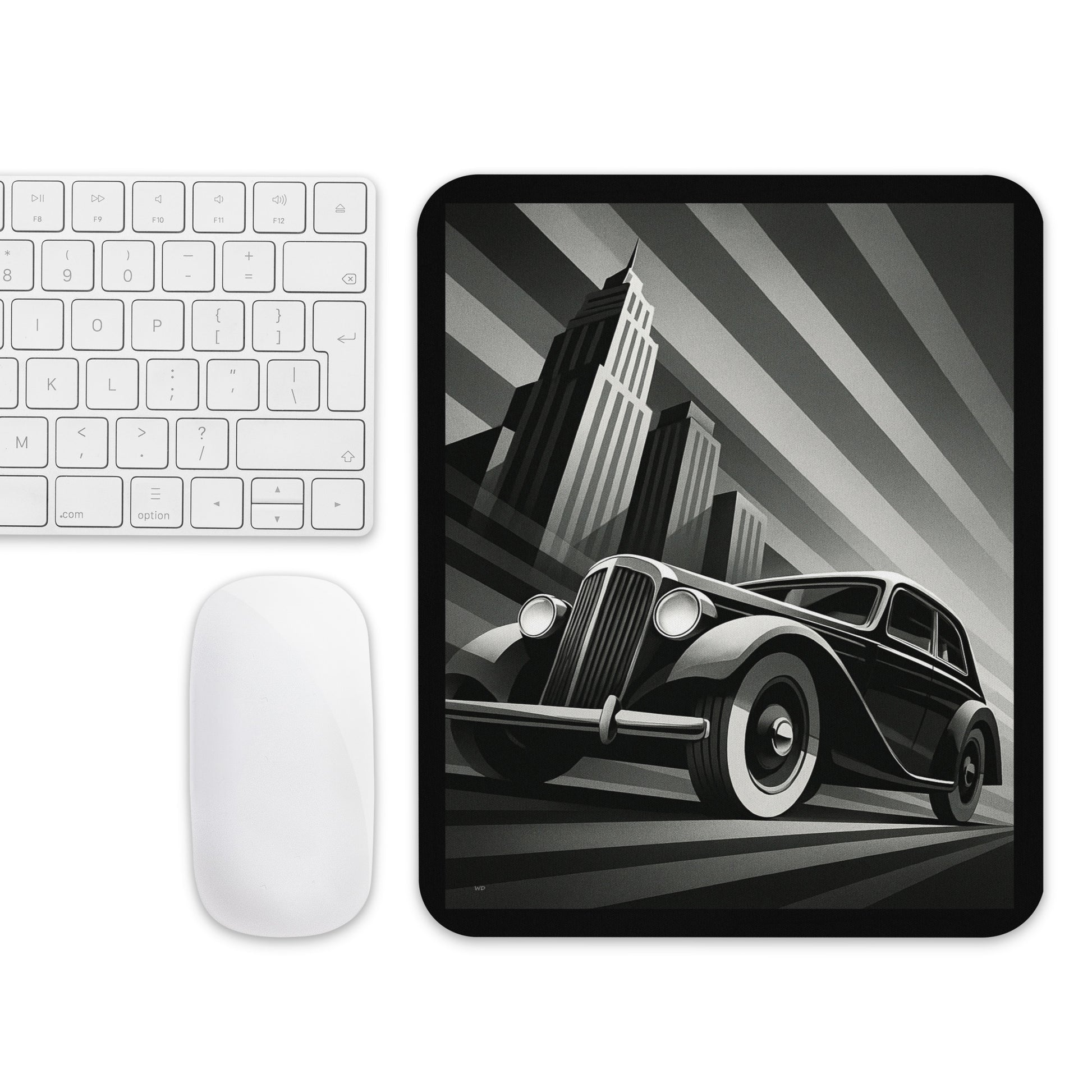 Mouse pad featuring the “Velocity Noir” design — an elegant black-and-white Art Deco composition showing a vintage car speeding through a futuristic city with geometric lines and perspective.