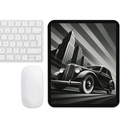 Mouse pad featuring the “Velocity Noir” design — an elegant black-and-white Art Deco composition showing a vintage car speeding through a futuristic city with geometric lines and perspective.