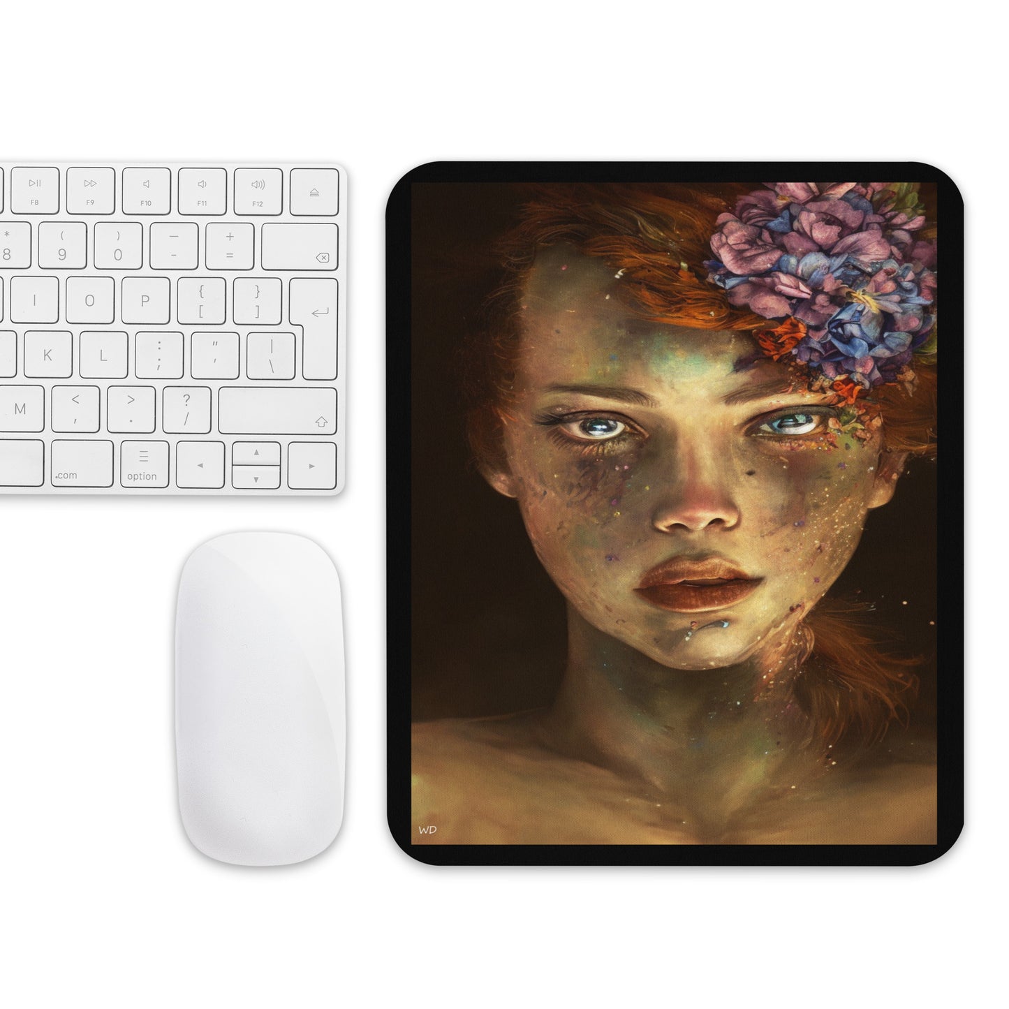 Mouse pad featuring the “Zelda the Redhead” design — an elegant portrait of a red-haired woman with a floral crown, glowing skin, and vivid contrast of light and shadow.