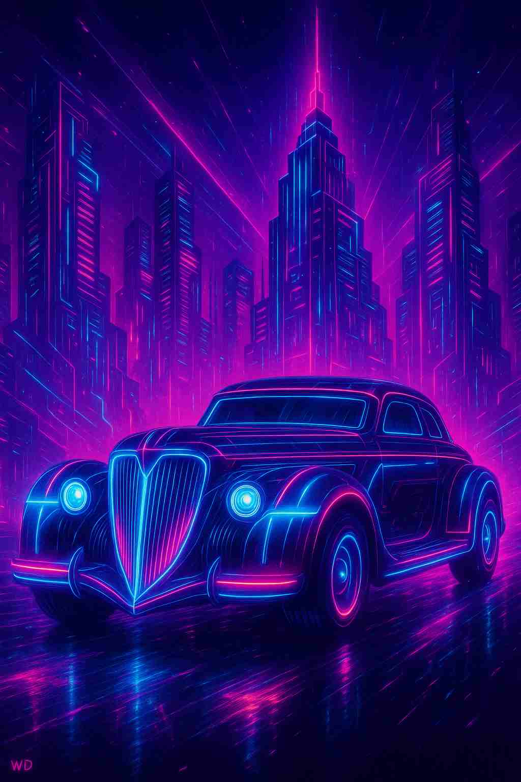Neon retro futuristic car parked before a glowing cyberpunk skyline, electric blue and magenta lights reflecting on wet streets as towering skyscrapers rise into the night, creating a calm yet powerful futuristic scene designed for smartphone lock screen and home screen use