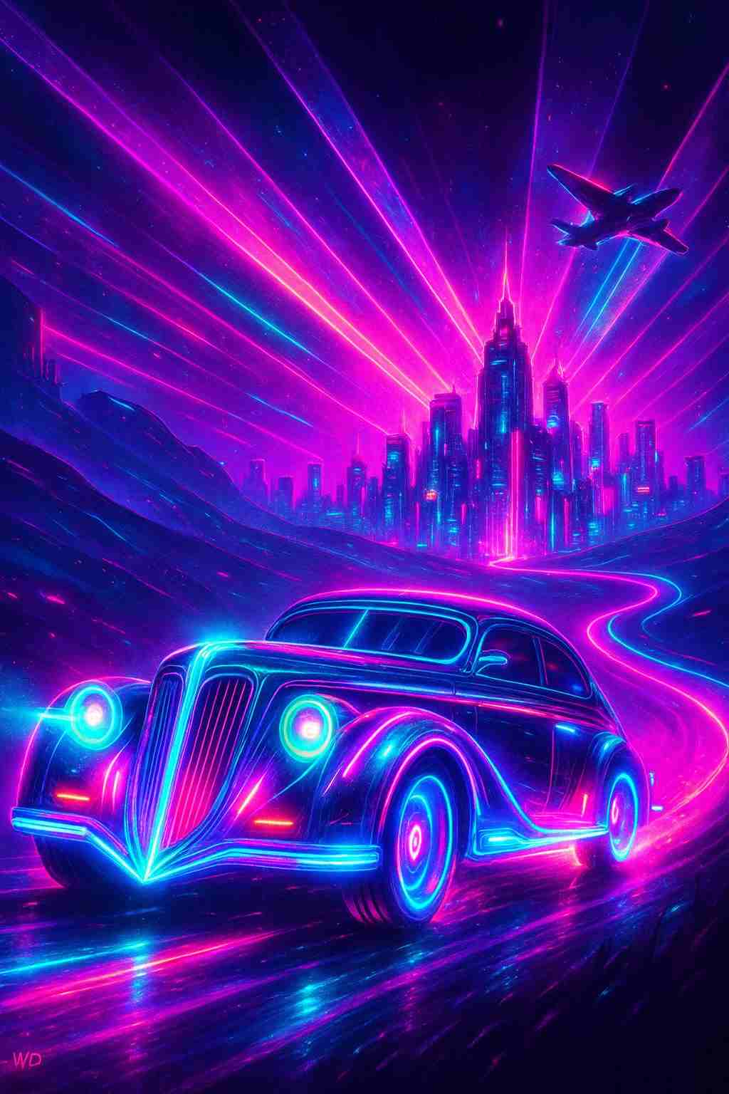 Neon illuminated retro futuristic car speeding along a glowing road toward a radiant cyberpunk megacity, pink and blue light trails cutting through the night sky, skyscrapers shimmering in the distance, creating a high energy dystopian scene designed for smartphone lock screen and home screen