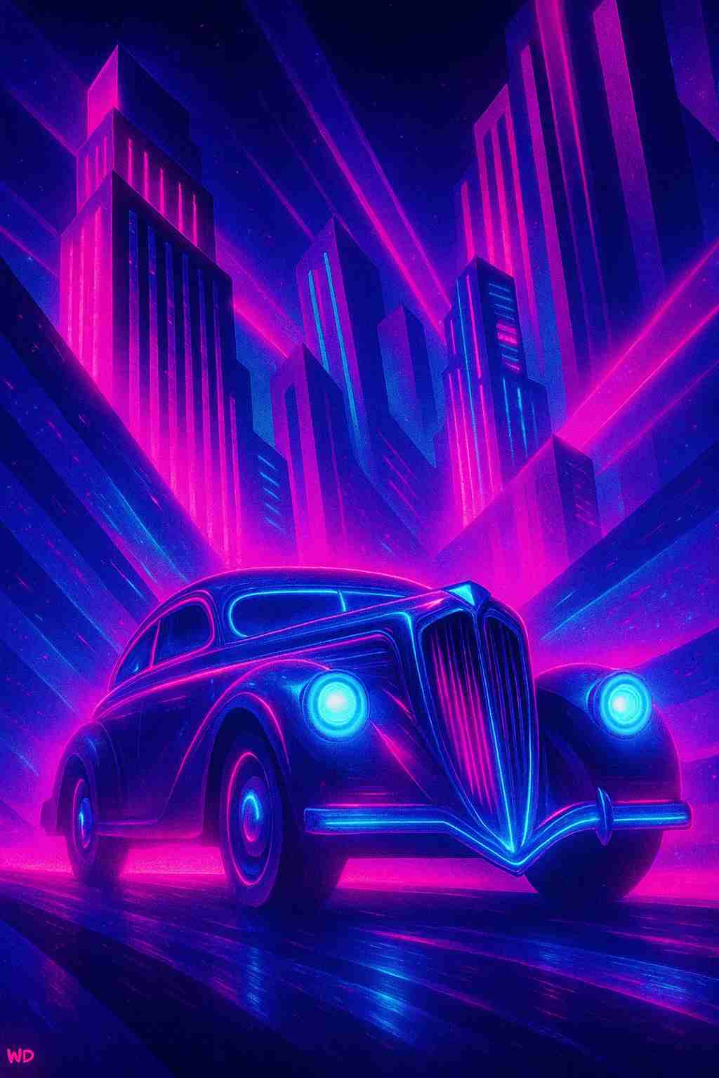Neon illuminated retro futuristic car driving toward a glowing cyberpunk metropolis, electric blue and pink lights reflecting on the road, towering skyscrapers and radiant beams filling the night sky, creating a dynamic futuristic scene designed for smartphone lock screen and home screen use