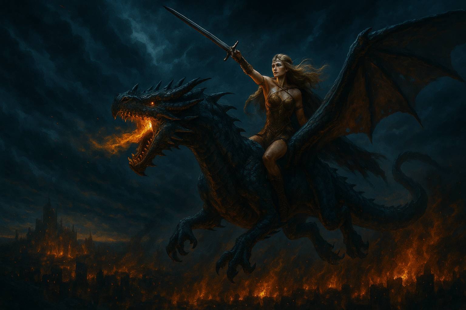 Dark Fantasy wallpaper featuring a warrior queen riding a fire-breathing dragon, soaring through a burning city under a full moon. Perfect for PC backgrounds, capturing the epic power of dragons and mythical battles.