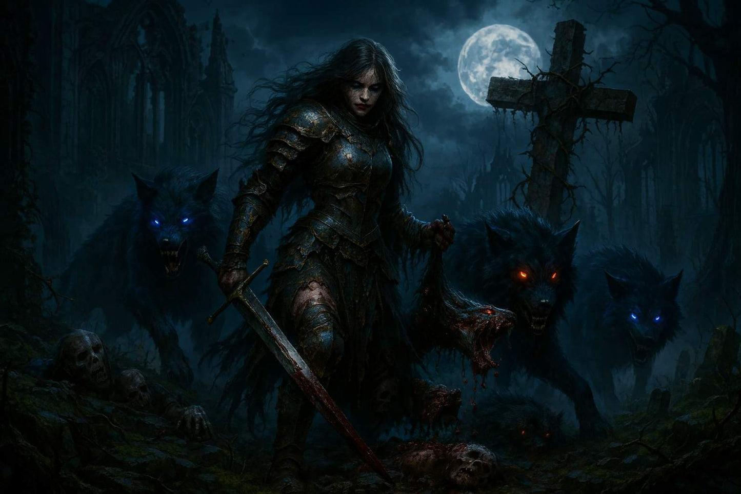 Dark Fantasy wallpaper featuring a fierce warrior queen in ancient armor holding the decapitated head of a monster. Surrounded by spectral wolves with glowing eyes, in a moonlit, ruined graveyard with a gothic atmosphere. Perfect for PC backgrounds, capturing epic battle and dark fantasy themes.