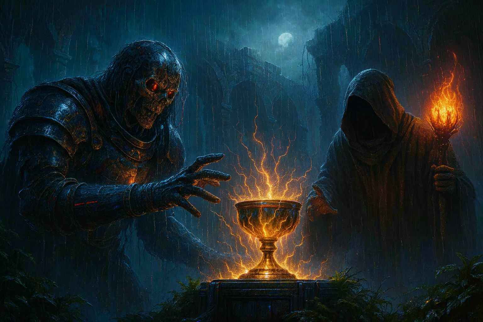 Dark Fantasy wallpaper featuring an undead knight reaching for a cursed chalice with a glowing golden aura, accompanied by a hooded sorcerer with a flaming staff. Set in gothic ruins under a full moon, this scene captures the power of necromancy and dark magic.