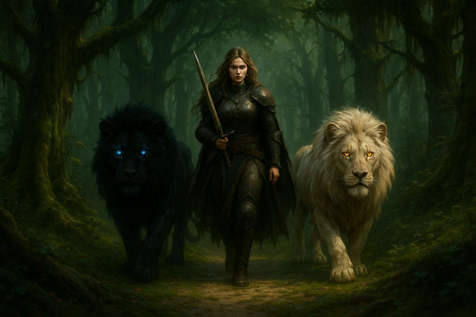 Dark Fantasy wallpaper featuring a powerful warrior queen with two magical lions, one with glowing blue eyes and the other with golden eyes. Set in an enchanted forest under the moonlight, this epic fantasy scene embodies strength, magic, and adventure