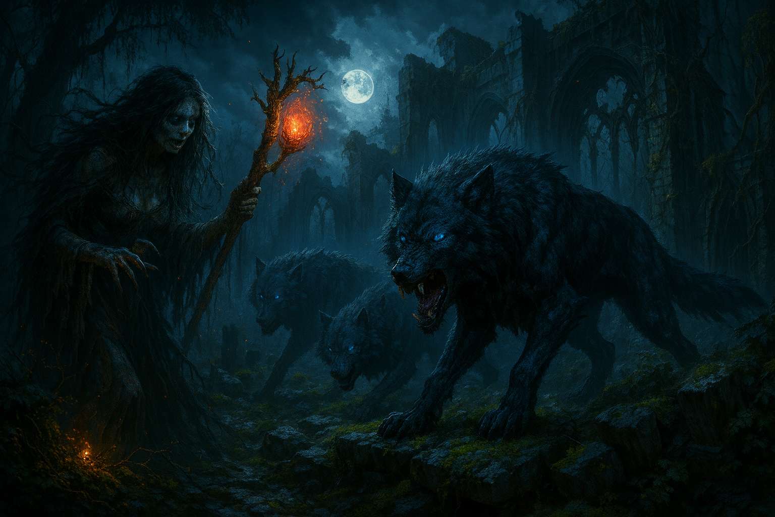 Dark Fantasy wallpaper featuring a powerful sorceress known as the Witch of the Black Moon, holding a glowing magical orb. Surrounded by spectral wolves with glowing blue eyes, in a haunted, ruined graveyard under a full moon. Perfect for PC backgrounds, capturing a mystical and dark fantasy atmosphere.