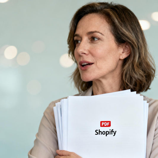 Professional woman holding a stack of documents labeled PDF Shopify during a business presentation background blurred office environment