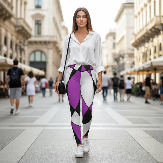 Woman walking in an urban street wearing purple black and white geometric retro style leggings with bold abstract contrast. The angular shapes create a structured silhouette while preserving a dynamic modern vintage balance. The lifestyle scene highlights everyday movement comfort and contemporary streetwear elegance.