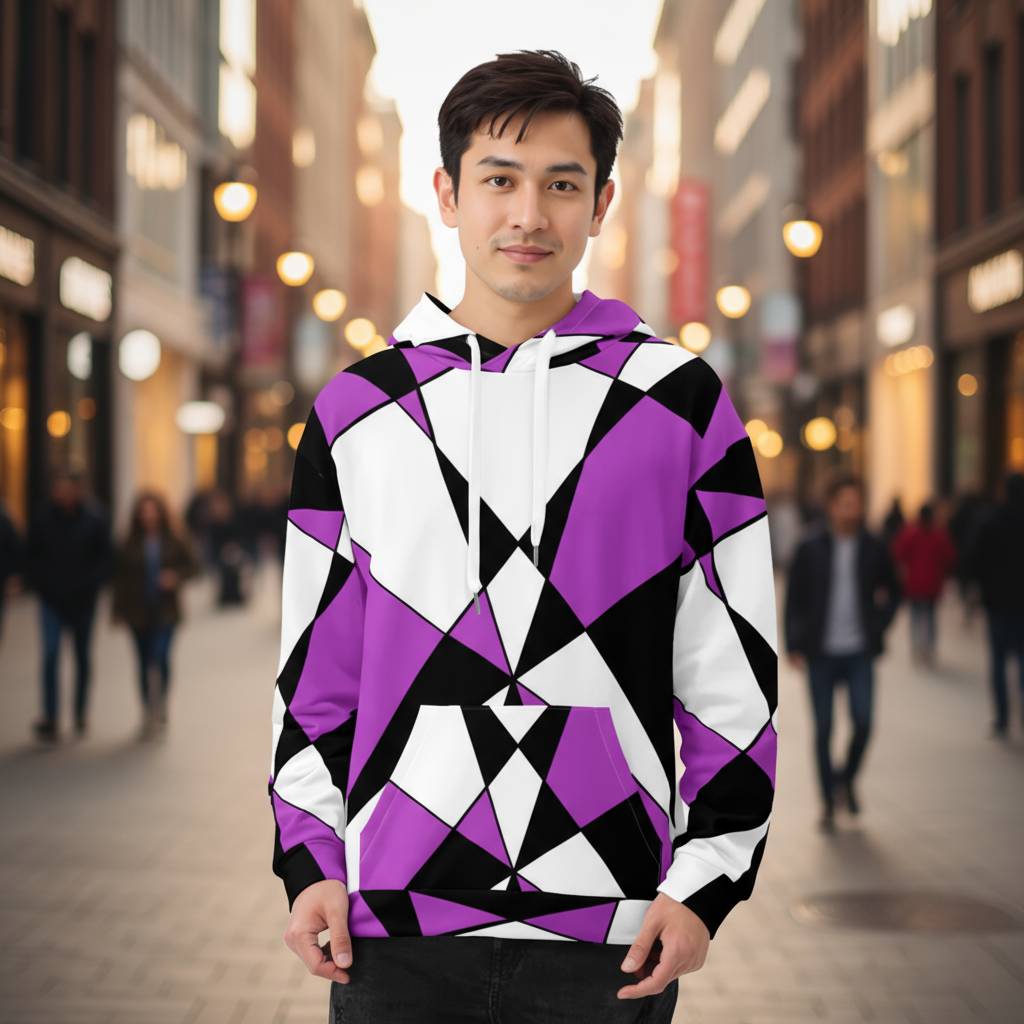 Man wearing a purple black and white geometric pattern All Over Print Recycled Unisex Hoodie standing in an urban street modern sixties inspired geometric design bold angular shapes contemporary streetwear retro color blocking soft fabric artistic hoodie detailed pattern