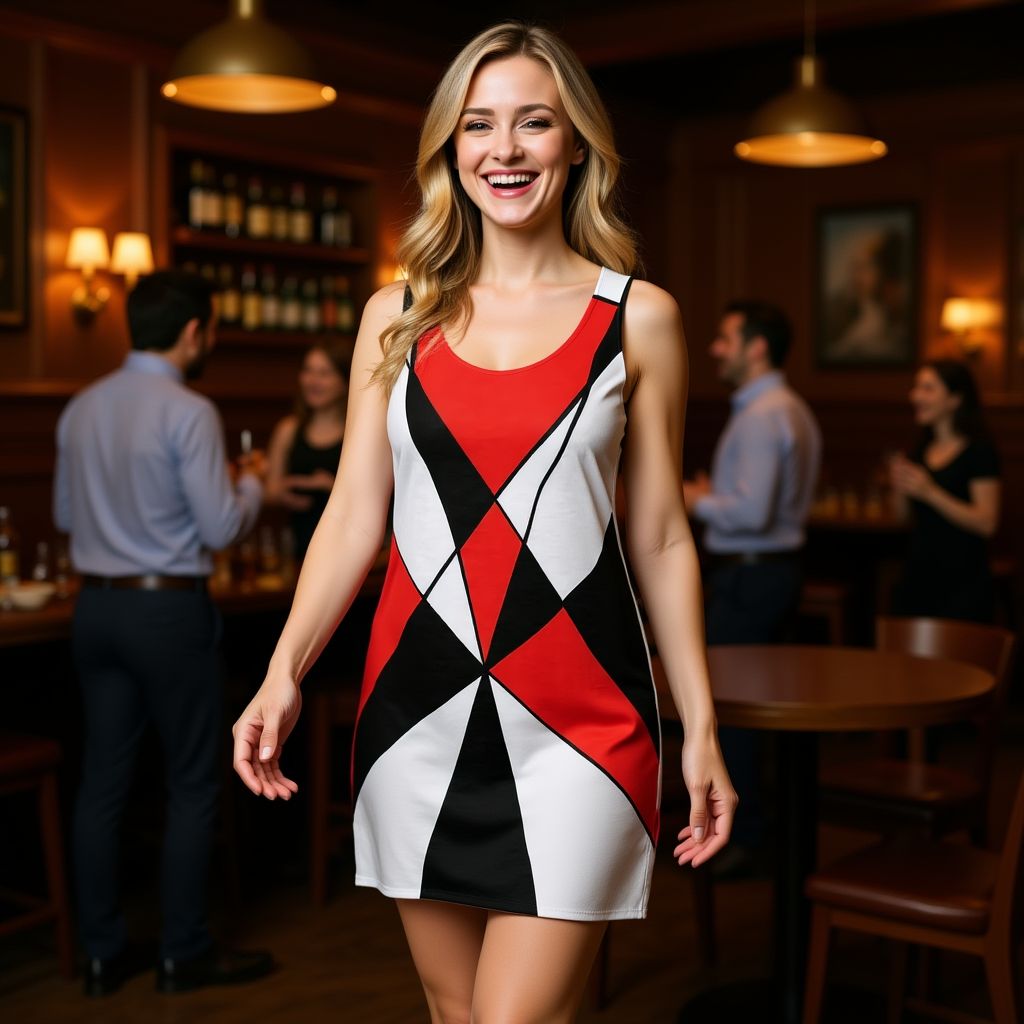Woman wearing a geometric red black and white Women’s Cut & Sew Racerback Dress 3 Colors 2 in a warm indoor bar setting, modern art inspired design with bold angular shapes and minimalist 1960s aesthetic