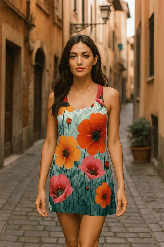 Racerback Dress Joy of Flowers – floral art design with large orange, red and pink blossoms on green leaf background, vintage 1960s inspired style, perfect for spring and summer occasions
