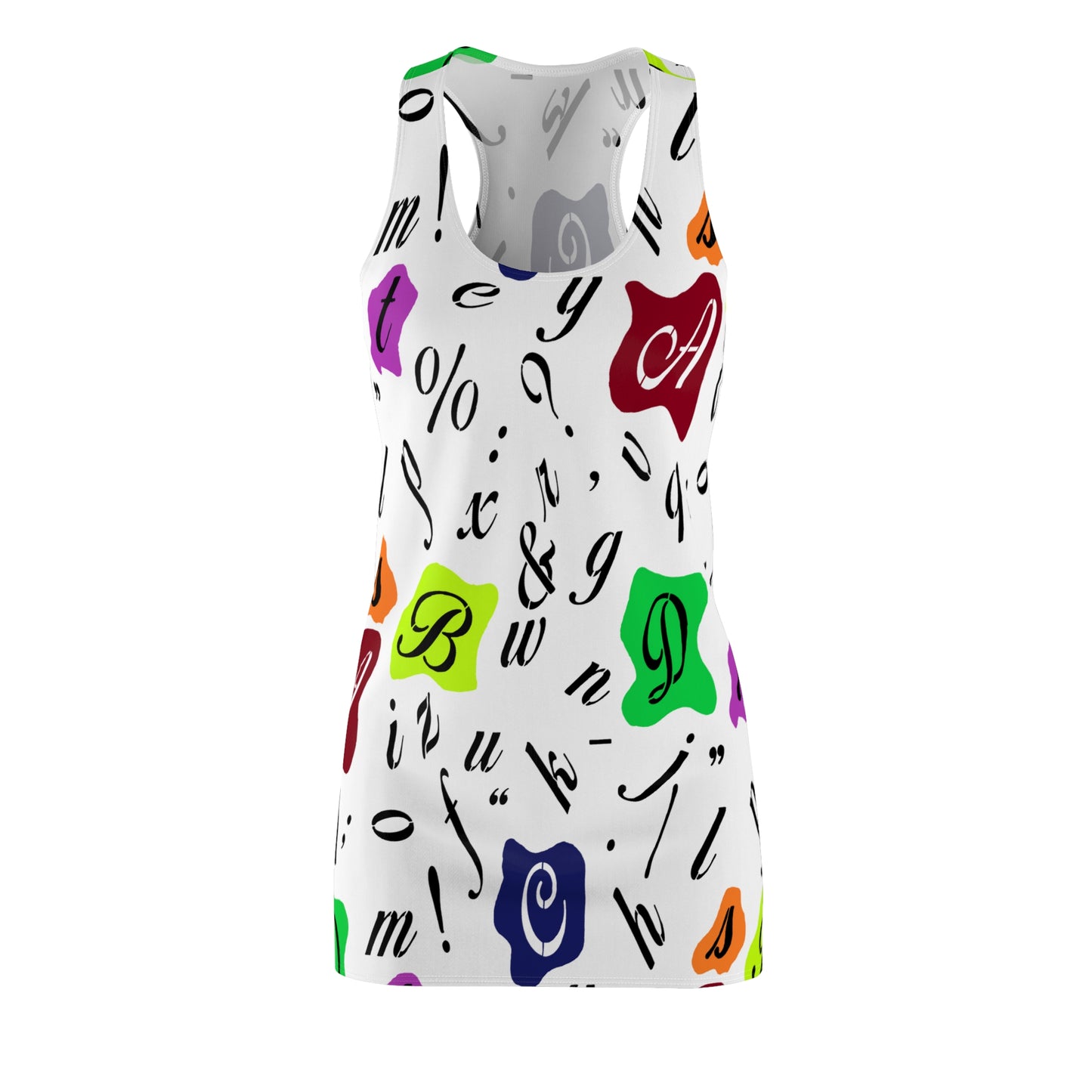 Colorful Racerback Dress with a playful letters design, perfect for creative individuals. Ideal for artistic expression, this vintage-style dress adds an energetic pop-art touch to your wardrobe.