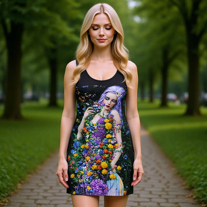 Woman wearing a black racerback dress featuring a detailed floral goddess artwork with vibrant flowers and vivid colors standing outdoors on a tree lined path surrounded by greenery highlighting the artistic nature inspired design