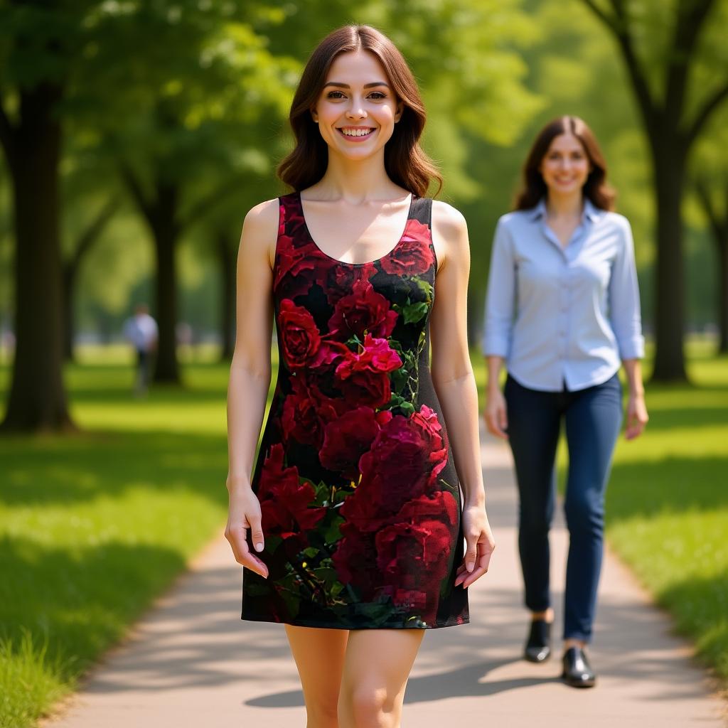 Femme marchant dans un parc portant une Women’s Cut & Sew Racerback Dress Red Queen Noir, décorée de grandes roses rouges sur fond noir. Robe florale artistique, élégante et moderne, mettant en valeur un design romantique et contrasté.