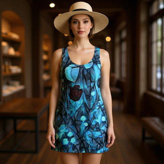 Fille dans un intérieur portant une robe Women’s Cut & Sew Racerback Dress avec le design Tulips of Glass, composé de motifs bleu électrique et bordeaux rappelant le vitrail Art Nouveau. Robe artistique, élégante et moderne avec détails floraux abstraits.