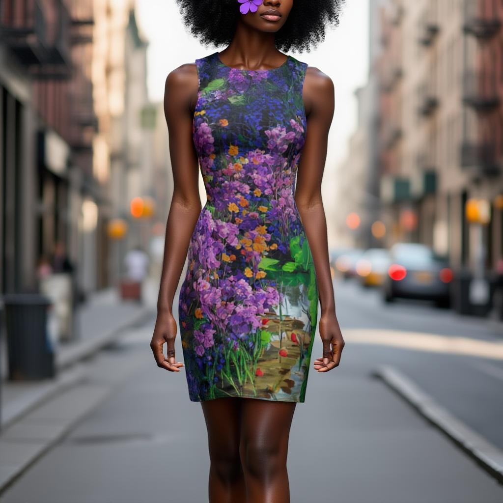 Woman walking in a city street wearing a floral racerback dress featuring a vivid wild garden artwork with purple pink and green flowers blending into an artistic nature inspired pattern expressing elegance and creativity