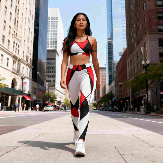 Native American woman walking in a modern city street wearing red black and white geometric retro style leggings with strong abstract contrast. The angular shapes create a powerful structured silhouette while preserving a dynamic vintage modern balance. The urban lifestyle scene highlights movement confidence and contemporary streetwear elegance.