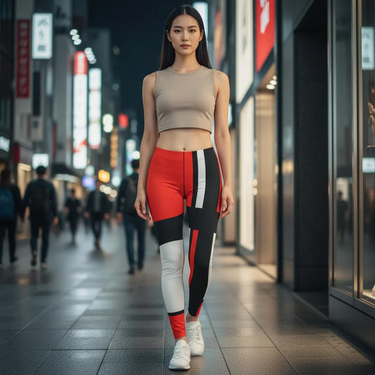 Elegant woman walking at night in a modern Japanese city street wearing red black and white geometric retro leggings inspired by 1960s design, with strong contrast, urban lighting, reflective pavement, modern architecture, and a sophisticated minimalist atmosphere.