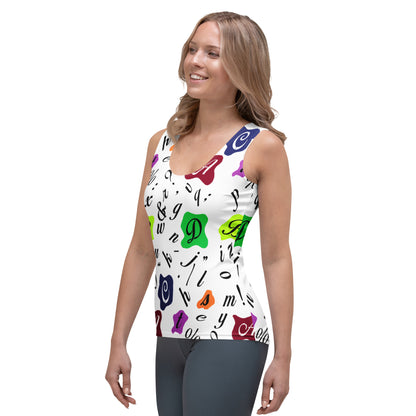 Women’s Sublimation Cut & Sew Tank Top featuring a colorful retro letters design with multicolored typography on a white background. Perfect for casual wear, workouts, or as an artistic statement piece.