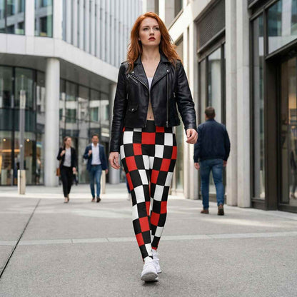woman walking confidently in a modern city street wearing retro checkerboard womens casual leggings featuring bold black red and white geometric squares high waist stretchy fabric fitted silhouette dynamic streetwear style showcasing movement fashion energy and urban vibe